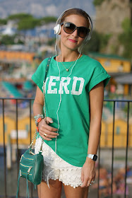 white lace shorts, nerd t-shirt, Rebecca Minkoff green zipper bag, Fashion and Cookies, fashion blog