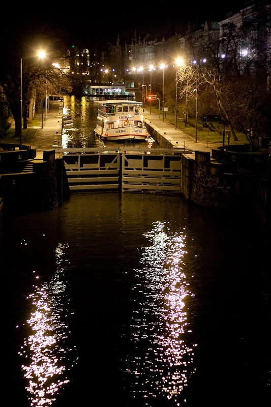 Boat on Vltava at night, Prague