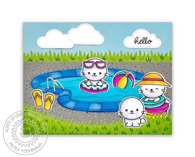 Sunny Studio Blog: Hello Summer Seals Splashing with Pool Floaties Card (using Swimming Pool, Fluffy Cloud, Picket Fence, Slimline Nature Border Dies & Sealiously Sweet Stamps)