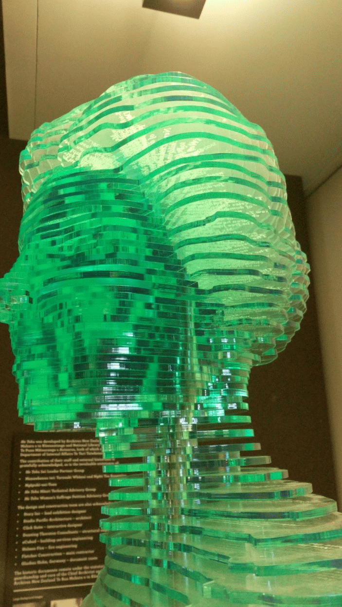 GIF of Kate Shepphard's glass sculpture at the New Zealand National Library statue