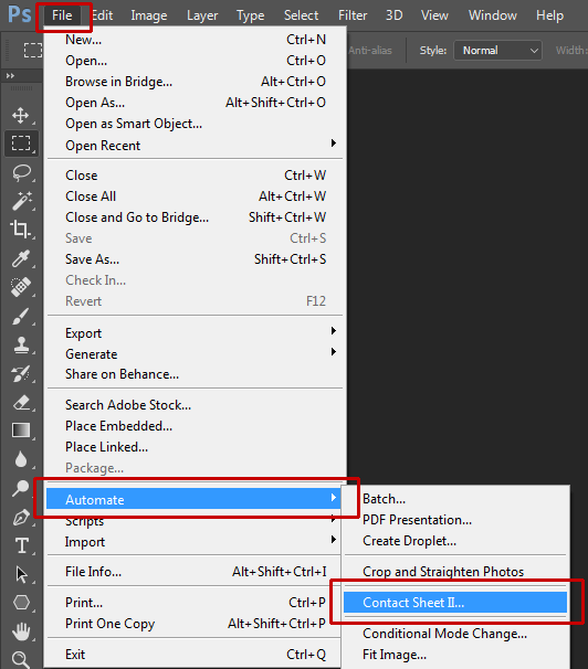 Choose File > Automate > Contact Sheet II.