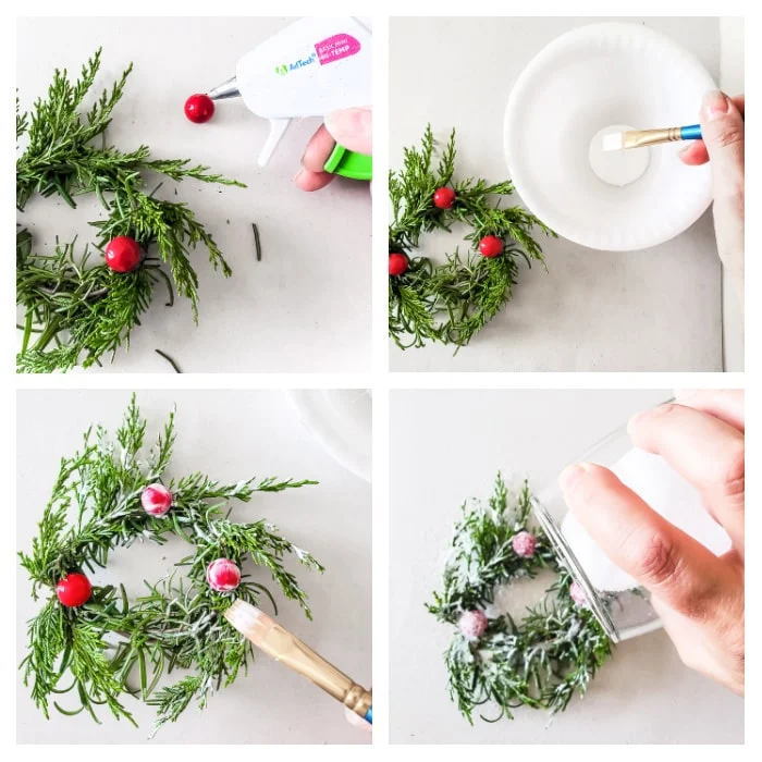 making faux sugared cranberries using red berries, mod podge, salt and glitter