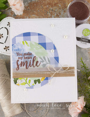 This pretty card features new items from Fun Stampers Journey.  The Good Life Prints, Cottage Bouquet Stamp Set. and Copper Embossing Powder.  