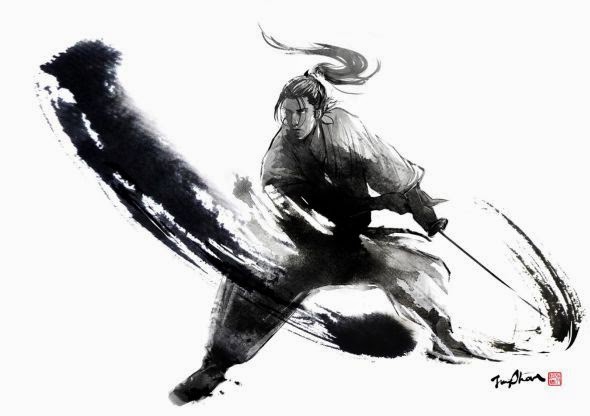 Jung Shan Chang ilustrações pinturas tinta manchada fantasia medieval japonesa samurais