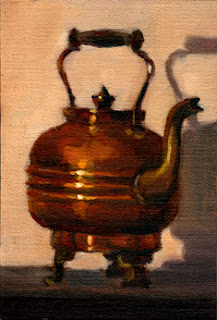 Oil painting of an antique copper kettle with a handle and brass spout.