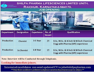 Job Available's for Shilpa Pharma Lifesciences Ltd Job Vacancy for BSc/ MSc/ B Tech/ M Tech Chemical Engineering