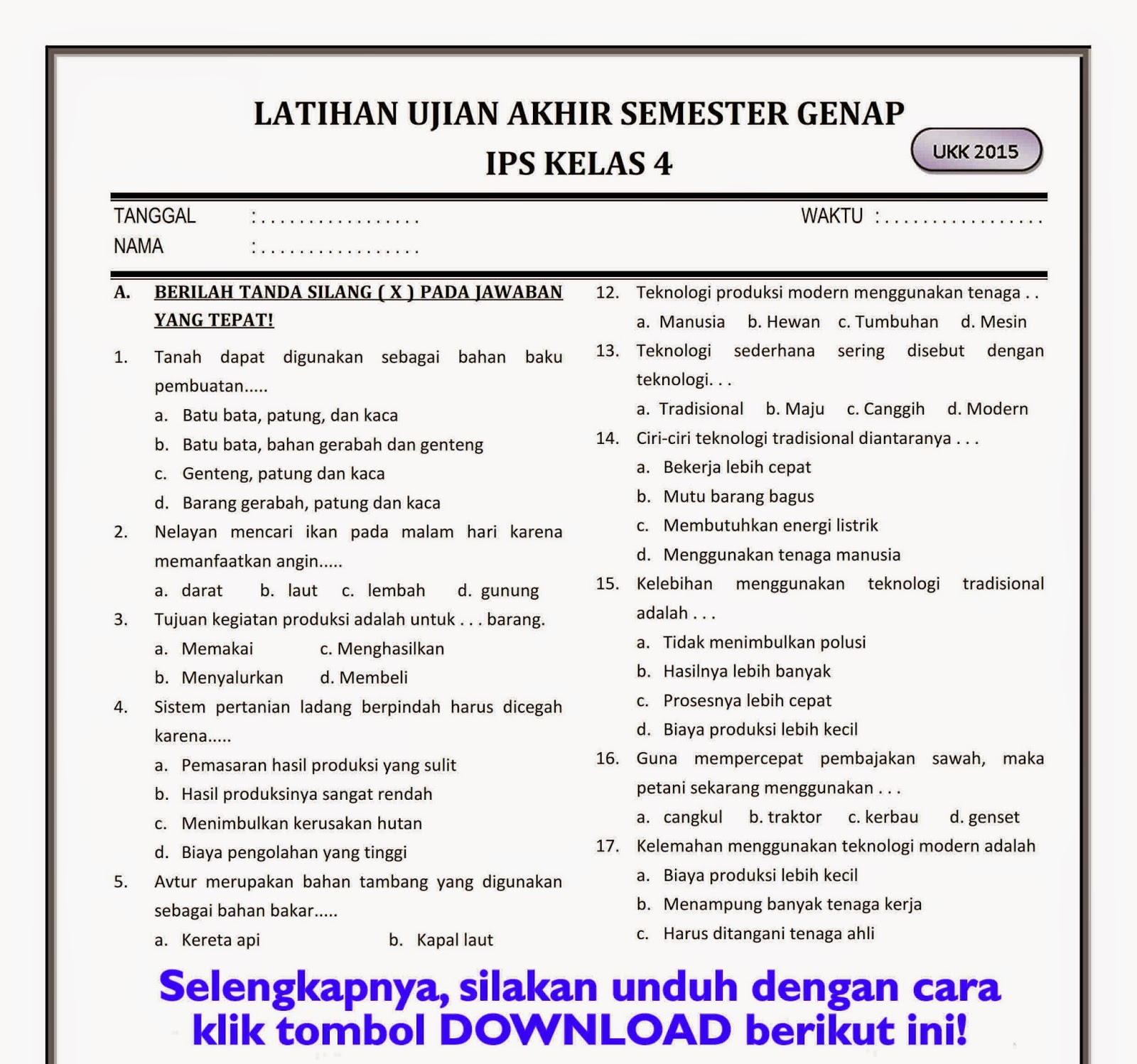 Download Soal UKK IPS Kelas 4 Semester Genap Rief Awa