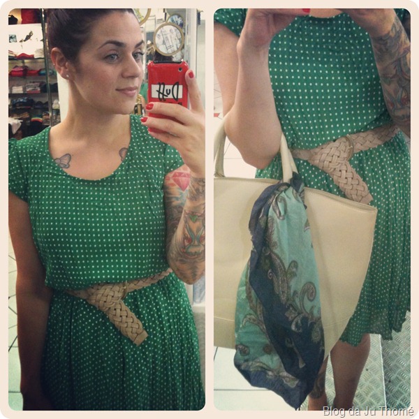 look vestido verde de poá com cinto nude e maxi bolsa look vestido verde de poá com cinto nude e maxi bolsa