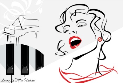 Illustration of Beautiful woman with red lips singing in front of a piano