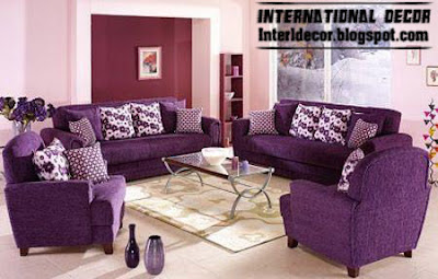 living room decoration with purple furniture, purple sofas and chairs