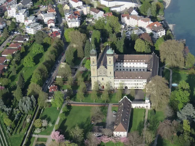 Aerial view of a palace taken from an airship flight over Lake Constance in Germany