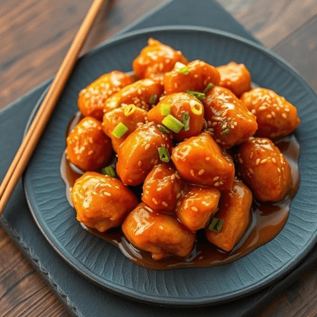 Golden Crispy Orange Chicken with Sesame Garnish Golden crispy orange chicken with sesame garnish