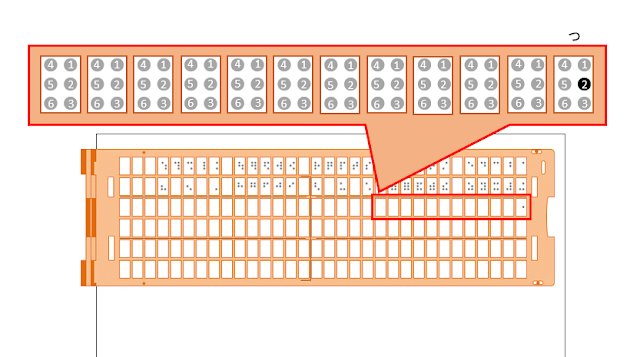 点字器の3行目1マス目に促音が書かれた図