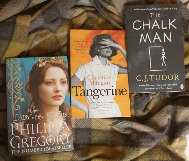 Three book covers in a row: 'The Lady of the Rivers', 'Tangerine' and 'The Chalk Man'