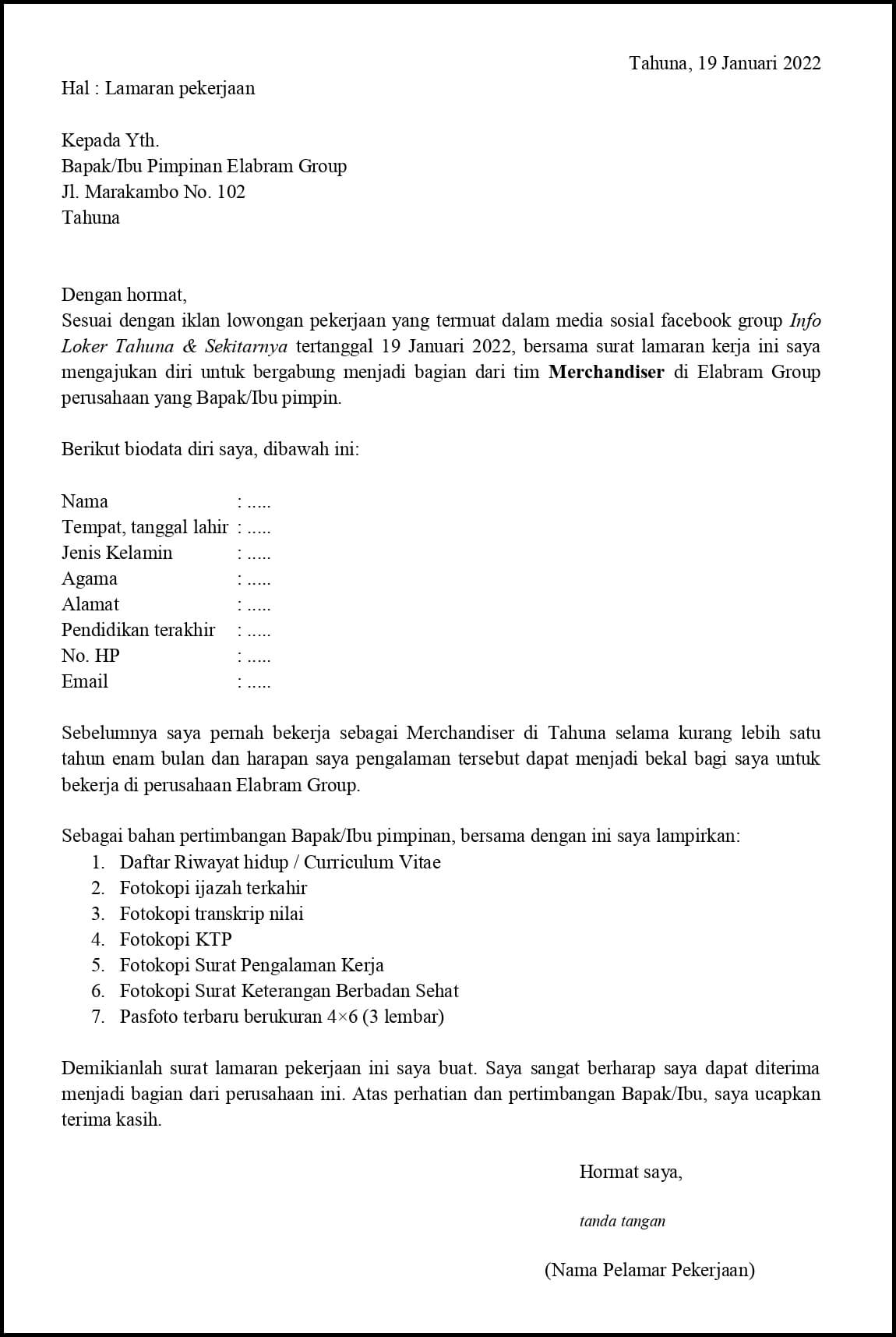 Contoh Application Letter Merchandiser Yang Sudah Berpengalaman Berdasarkan Informasi Dari Media Sosial