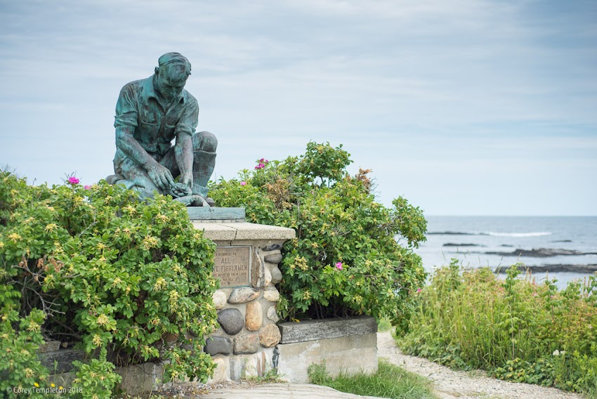 Bailey Island in Harpswell, Maine USA photo by Corey Templeton, July 2018. Maine Lobsterman statue of Victor Kahill copy near the ocean.