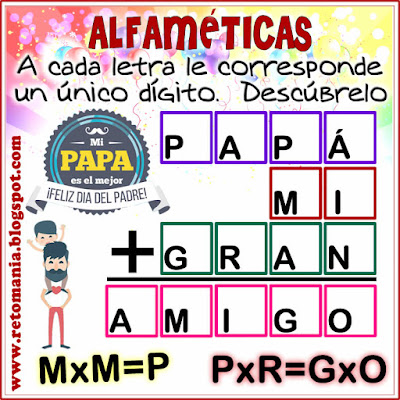 Alfamética, Criptoaritmética, Criptosuma, Criptograma, Suma de letras, Suma de palabras, Lógica de letras, Desafíos matemáticos, Retos matemáticos, Problemas matemáticos, Problemas de matemáticas, Acertijos, Acertijos matemáticos, Acertijos con Solución, Día del Padre y matemáticas, alphametic, matemáticas, matematik