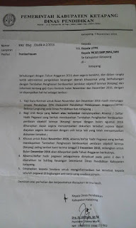 SURAT PEMBERITAHUAN DARI PEMERINTAHAN KABUPATEN DINAS PENDIDIKAN NO 900/071/DISDIK-A.2/2016