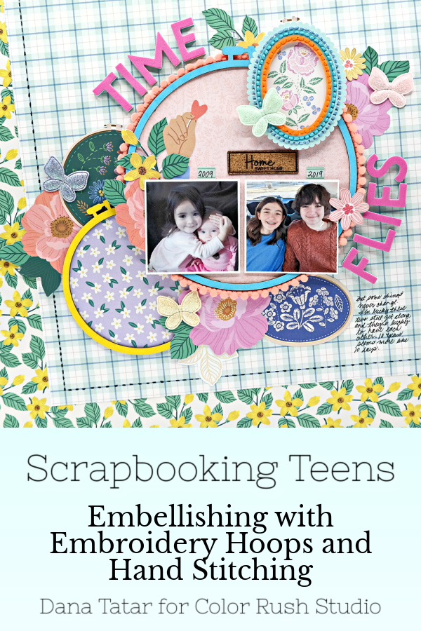 Colorful layered scrapbook layout created with the Poppy and Pear collection from Bea Valint and dimensional embellishments from Color Rush Studio.