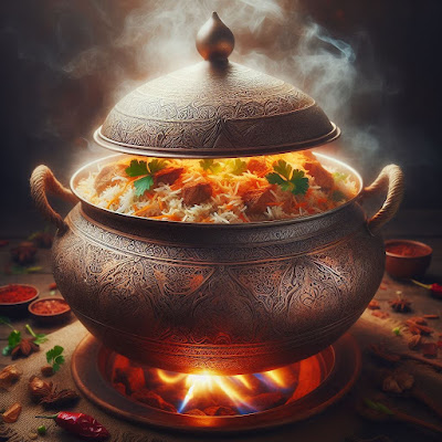 Covered pot, biryani cooking on low flame.