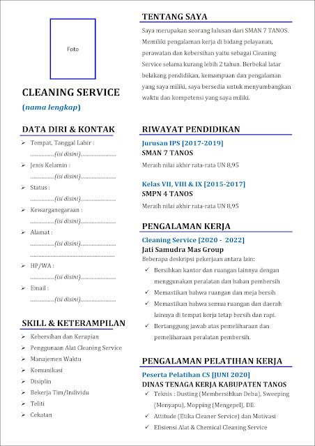 contoh 1 daftar riwayat hidup Cleaning Service yang punya pengalaman kerja (experience)
