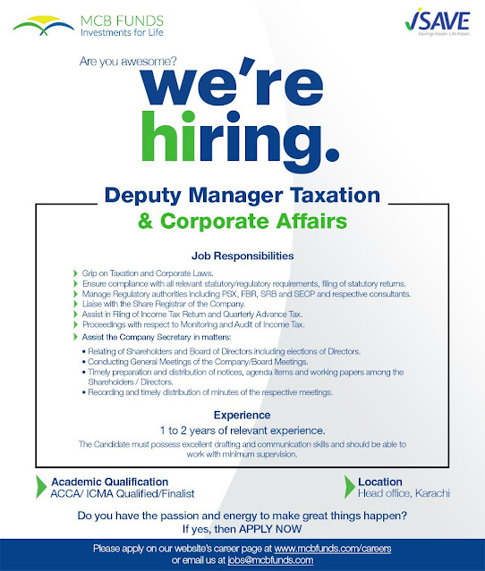 MCB Funds Latest Jobs in Karachi Deputy Manager Taxation & Corporate Affairs 2024