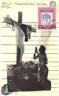 virgin mary Crucifixion vintage nude cross postage stamp Dada Fluxus library card mail art collage 