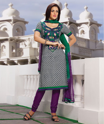 BRAND: Prafful  CATEGORY: Unstitched Suit with Dupatta  COLOUR:  Top: Black and Cream  Bottom: Purple  Dupatta: Green and Purple  MATERIAL:  Top: Cotton  Bottom: Cotton  Dupatta: Chiffon