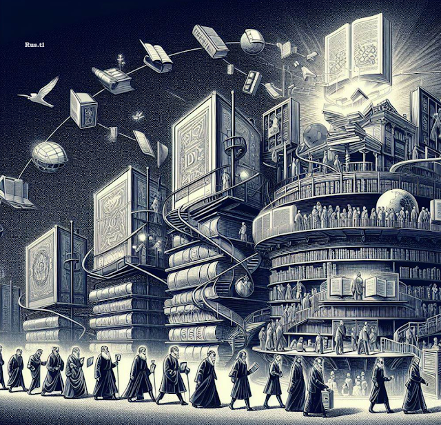 an illustration that visually captures the evolution of libraries, tracing a significant paradigm shift from traditional to digital formats