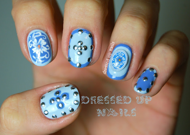 Dressed Up Nails - floral, framing and stud nail art