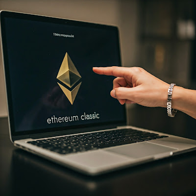 Person pointing to Ethereum Classic logo on a laptop screen.