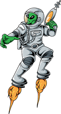 An alien in a space suit flies by way of jet-propelled boots.