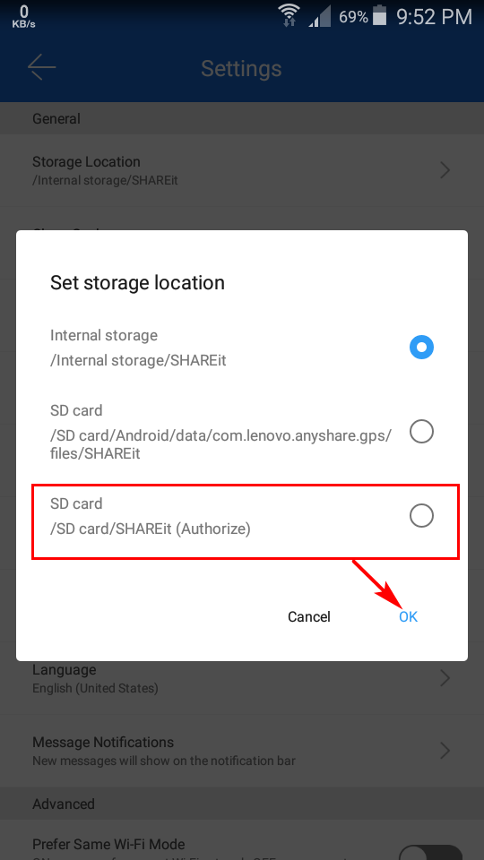 change shareit storage SD card