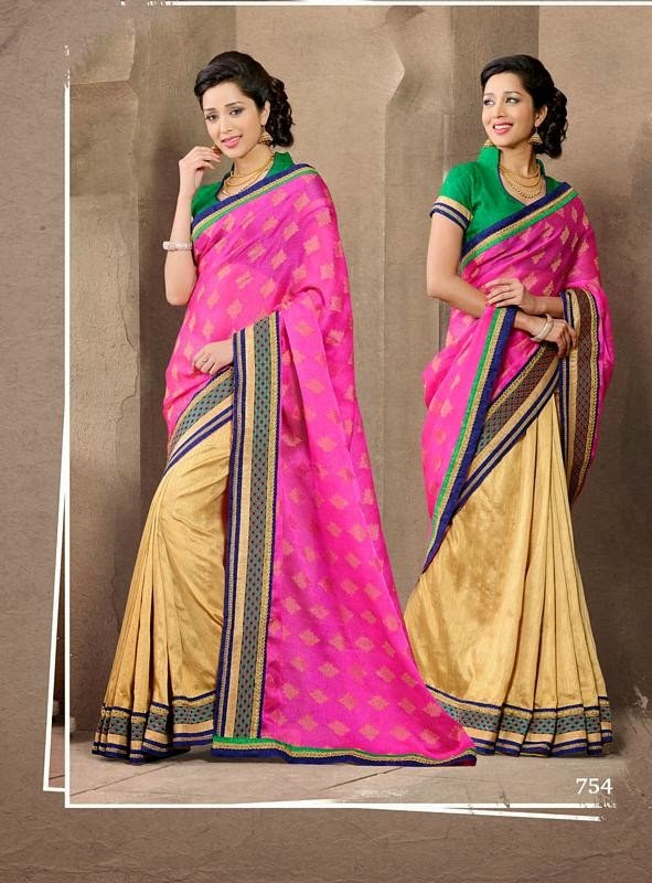  Beige And Hot Pink Designer Bollywood Saree With Silk Blouse 