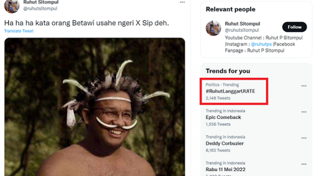 Netizen Kecam Ruhut Unggah Foto Editan Anies Pakai Koteka: Ngaku Pancasila, tapi Otaknya Rasis!
