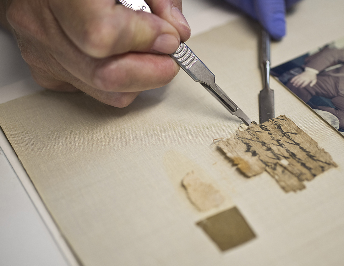 The papyrus is treated in the Scrolls Laboratory of the Antiquities Authority. Photo by Yuli Schwartz, Antiquities Authority