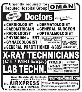 Urgently Required For Reputed Hospital Group Oman