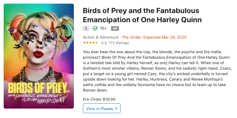 iTunes Birds of Prey pre-order