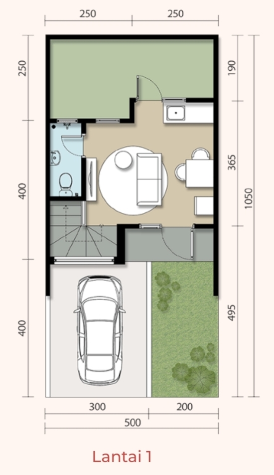 Denah rumah minimalis ukuran 5x10 meter 2 kamar tidur 2 