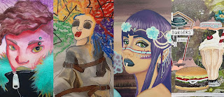 A group of four images of artworks, by four different artists. From the left: Haley McAndrews, Melanie Cable, Cindy Barahona-Roth, and Rachael Sitzman.