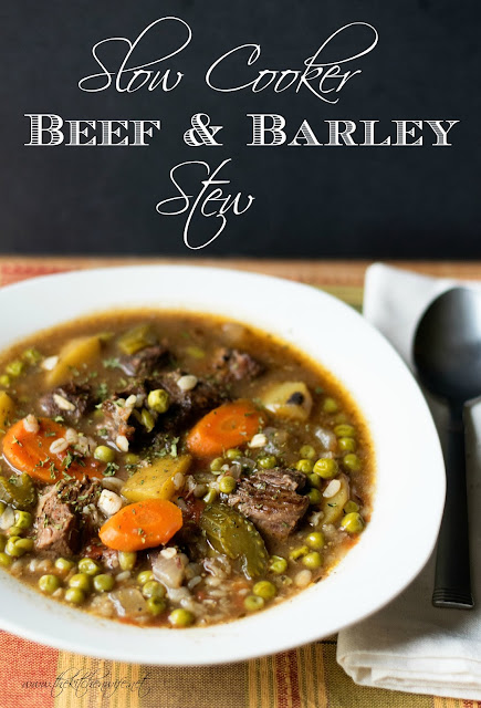 The beef and barley stew, in a bowl, with the title above it on a black background.