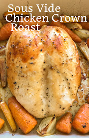 Food Lust People Love: A bone-in chicken crown roasts to perfection after a 1 hour 45 minutes sous vide. Succulent and tender, it carves wonderfully into delectable slices. Serve with onions, carrots and/or parsnips for a complete meal.