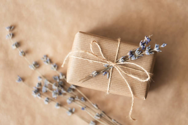Gift wrapped in craft paper and decorated with lavender