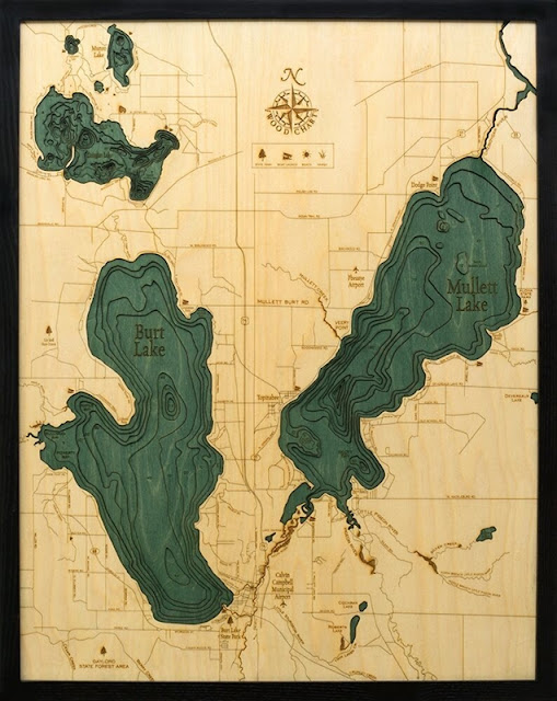 Carved Wood Maps of Mullet and Burt Lakes in Michigan