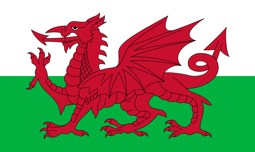 The flag of Wales (Welsh: Baner Cymru or Y Ddraig Goch, meaning 'the red dragon') consists of a red dragon passant on a green and white field.