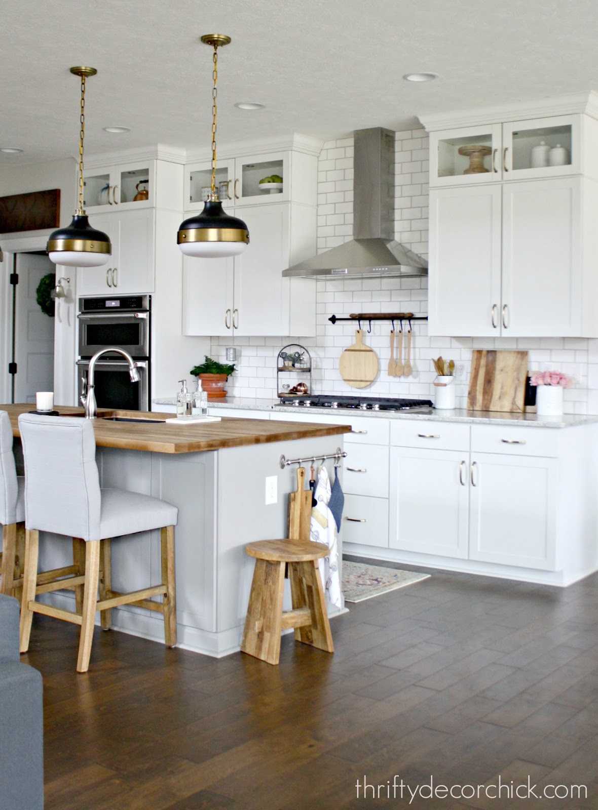 white cabinets gray island