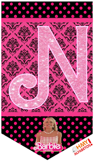 Barbie Movie: Free Printable Bunting with Sparkling Pink Glitter Letters and Numbers. Barbie la Película: Banderines para Descargar Gratis con Letras y Números en Brillantina Rosa-