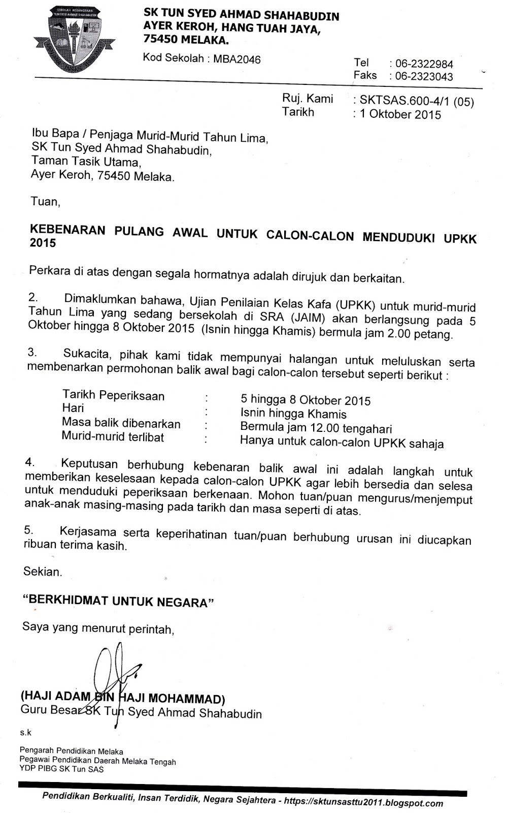 Surat Mintak Balik Kerja Awal Khamis