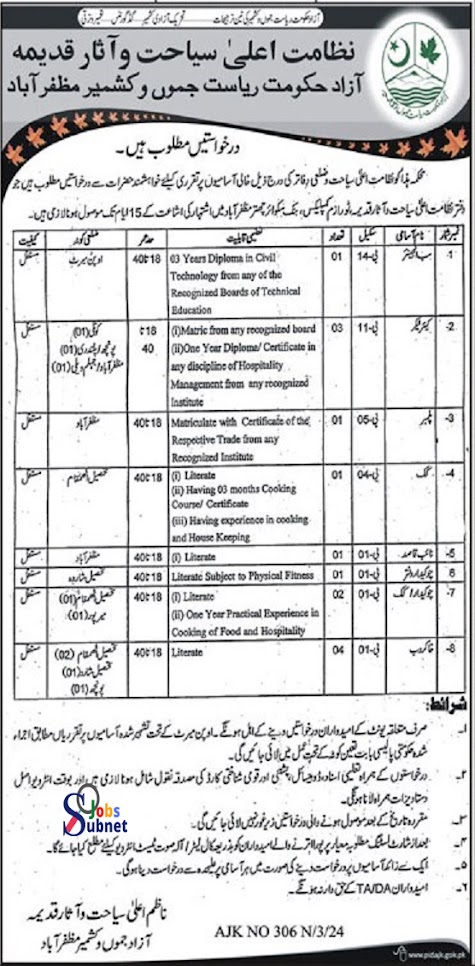 Tourism & Culture Department Muzaffarabad Jobs 2024 (درجہ چہارم کی آسامیاں)