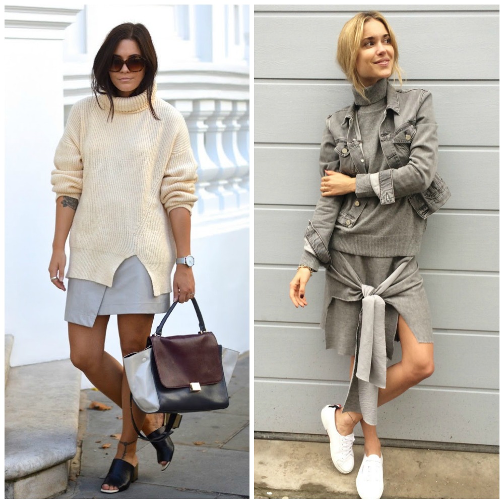 chunky cream turltle neck sweater + asymmetrical skirt + mules - all grey outfit + roll neck jumper + sweater skirt + white trainers - fashion blogger outfit fashion trend autumn fall 2014 street style